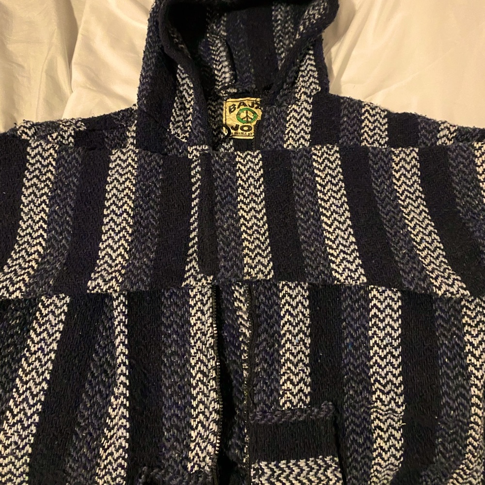 Blue and white striped zip up hippie/bojo jacket